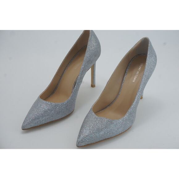 Stuart Weitzman Leigh Silver Glitter Pointed Toe Heel Pump SZ 8 $495 - Picture 5 of 12